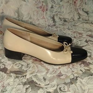 Ferragamo Balade Bone Calf Shoe/Black Patent Toe.